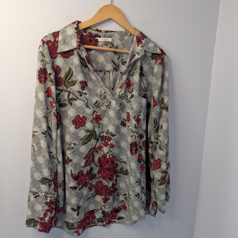 Pleione Glen Plaid Floral Popover Tunic Blouse Top Large